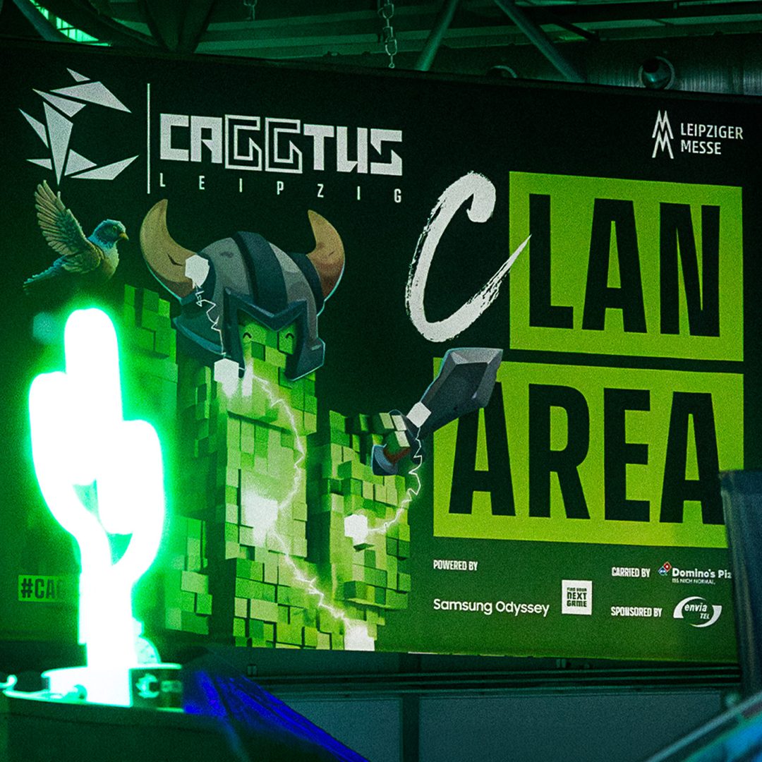 Caggtus Leipzig — Clan-Area-Banner mit Maskottchen und leuchtendem Neon-Kaktus