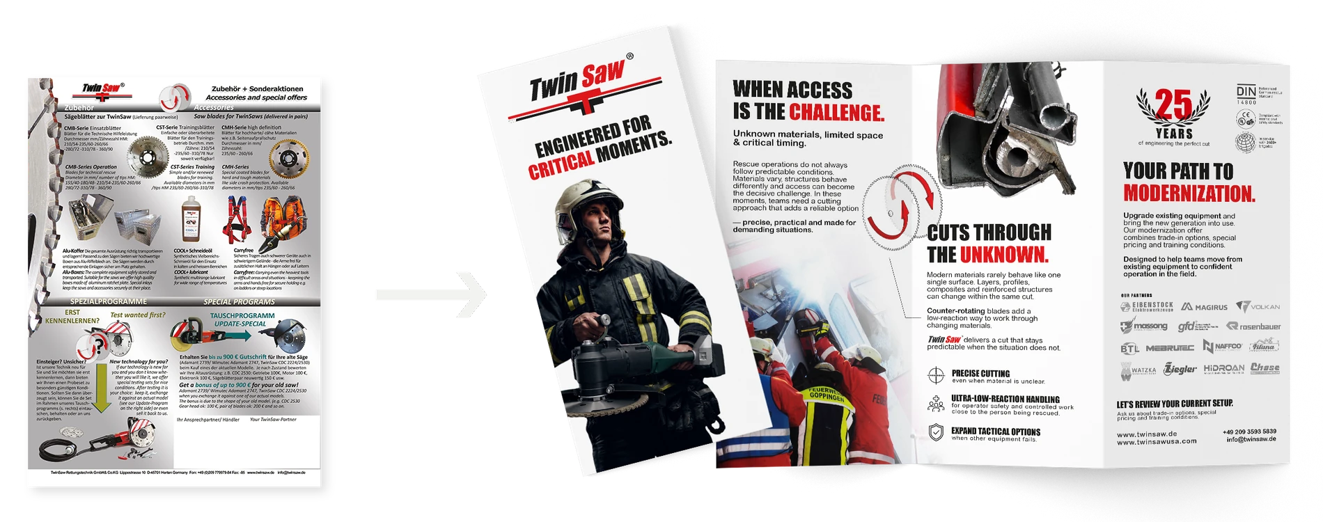 TwinSaw Messekommunikation: links das alte, überladene Sortimentsblatt, rechts der neue, klar strukturierte Auftritt