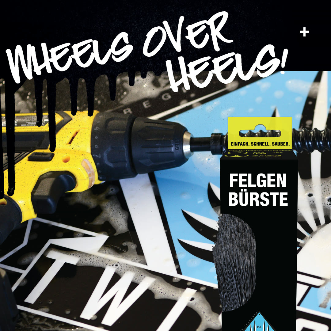 Catalogue page: a cordless drill driving the brush attachment, the boxed wheel brush, graffiti headline 'Wheels over heels!'.