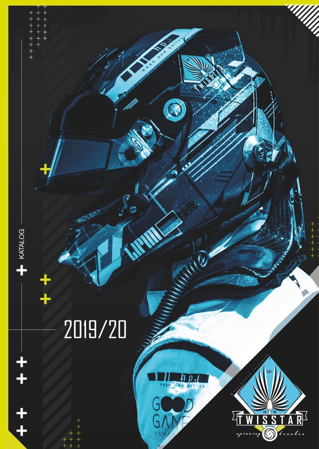 TwistStar 2019/20 catalogue cover — the race helmet in brand cyan with the emblem and plus marks.
