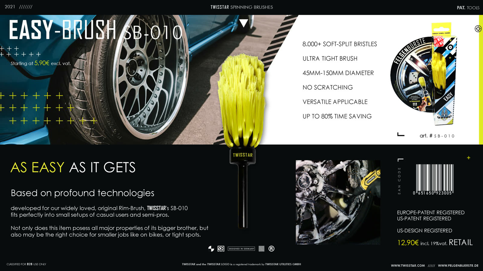 B2B sales-deck slide — EASY BRUSH, 'As easy as it gets', the yellow brush on a wheel.