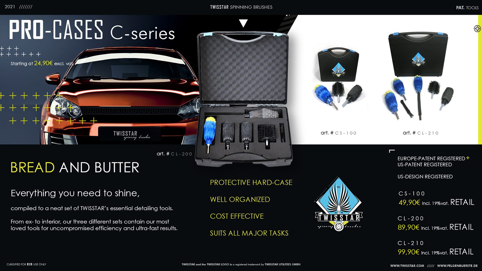 B2B sales-deck slide — PRO-CASES C-series: red coupé, open case, three case SKUs with retail pricing.