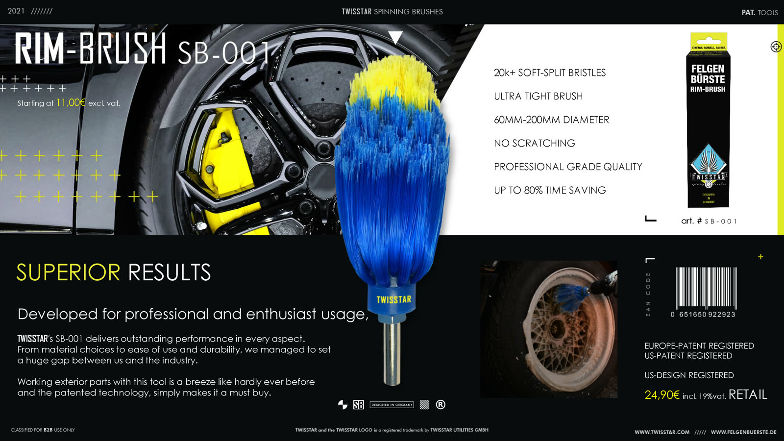 B2B sales-deck slide — RIM BRUSH SB-001, 'Superior Results', product shots and a cleaned alloy wheel.