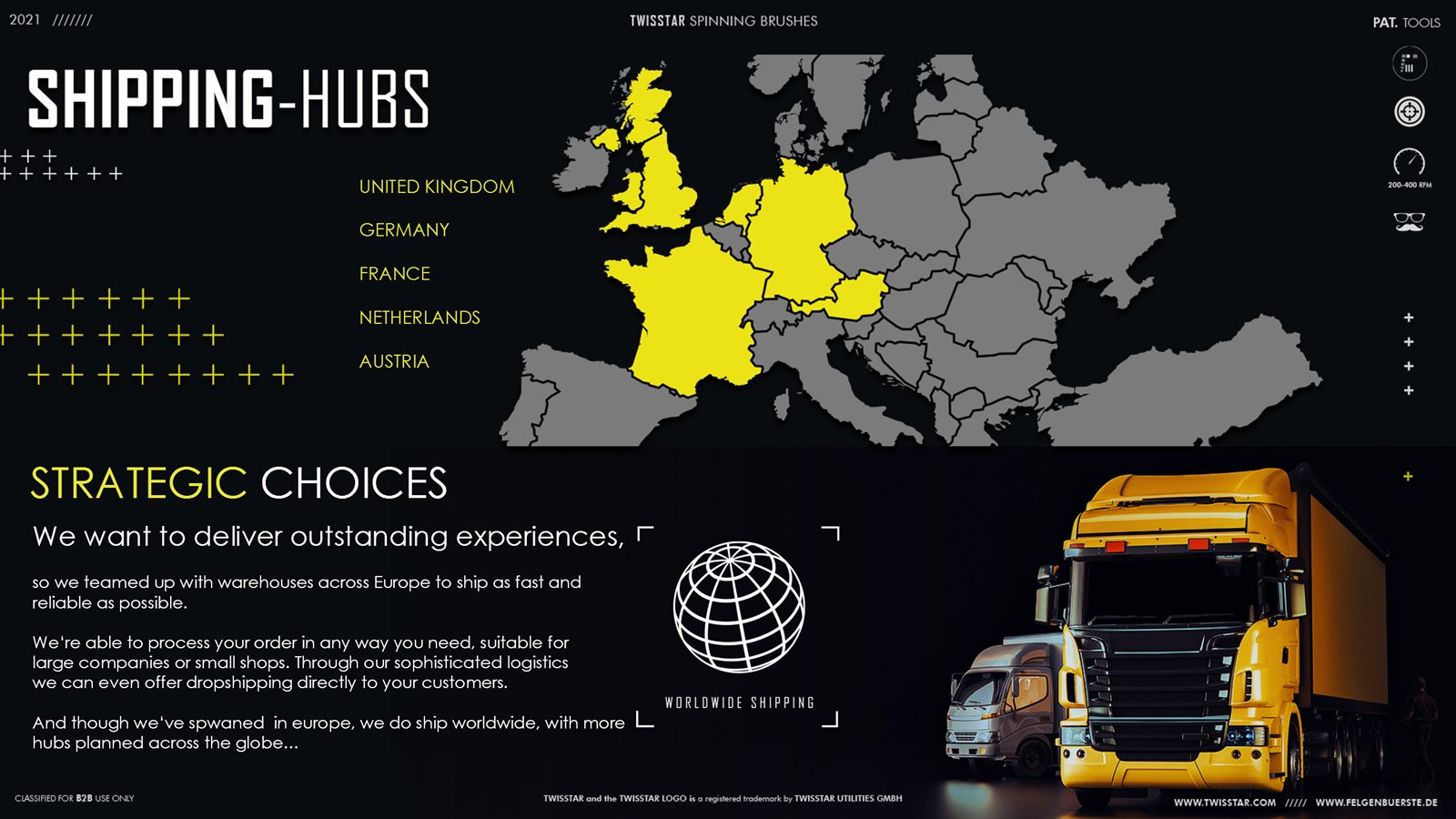 Dropshipping slide — SHIPPING-HUBS: Europe map with five markets, logistics copy, yellow truck.