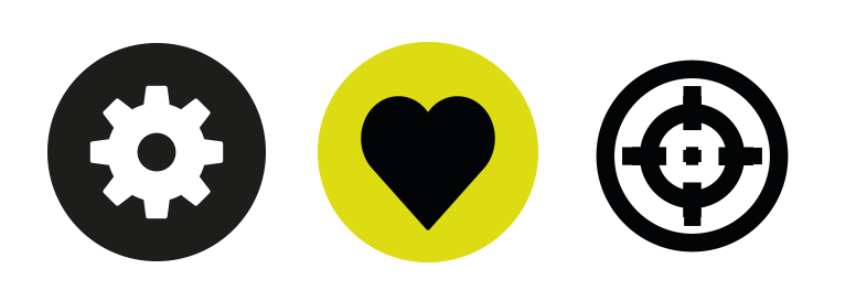 Icon set — gear, heart and crosshair in circular badges, black and lime.