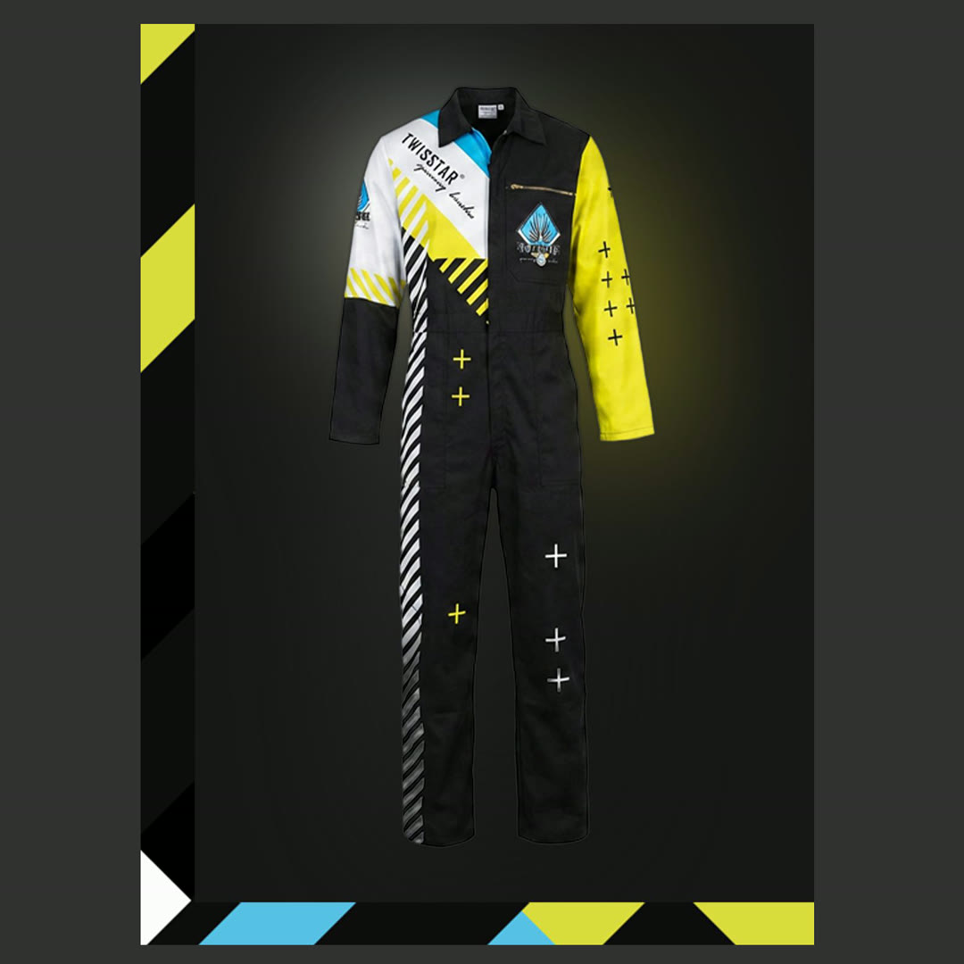 Team coverall — black with hazard-stripe and lime/cyan panels, chest emblem.