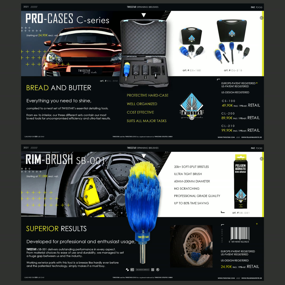 B2B catalogue spreads — Pro-Cases and the SB-001 rim brush with specs, pricing and patents.