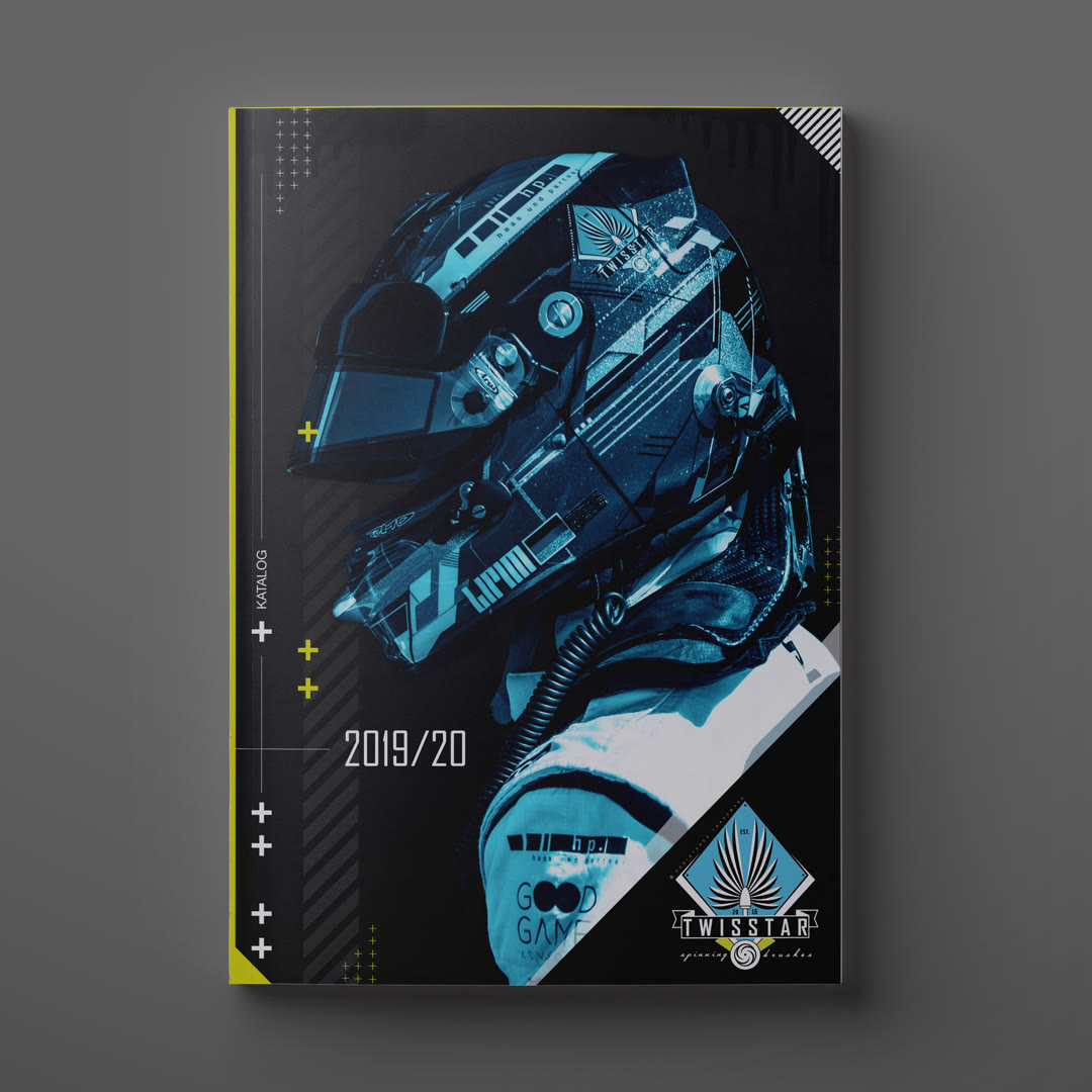 2019/20 print catalogue cover — cyan duotone race helmet, plus pattern and the TWISSTAR emblem.