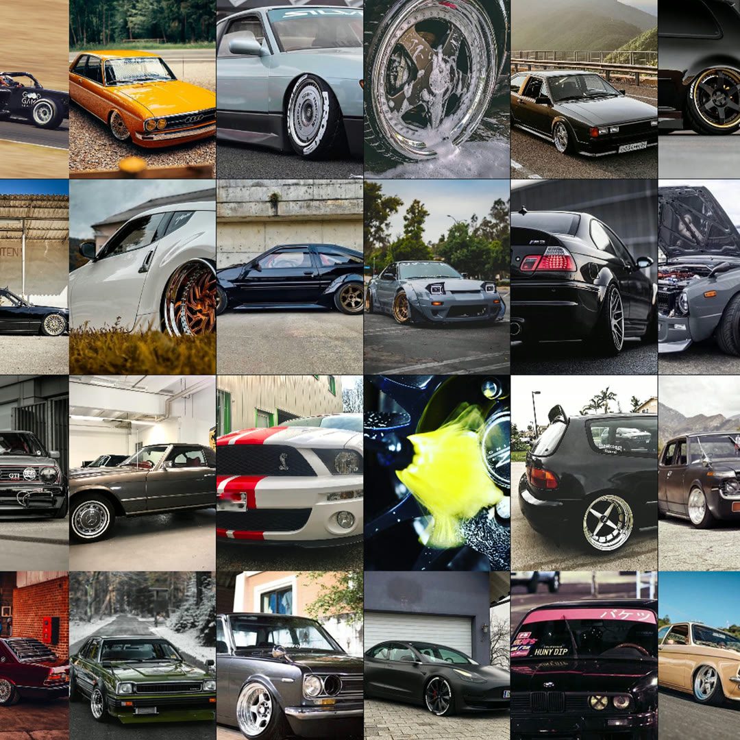 Social feed grid — tuning cars and the spinning brush in action.