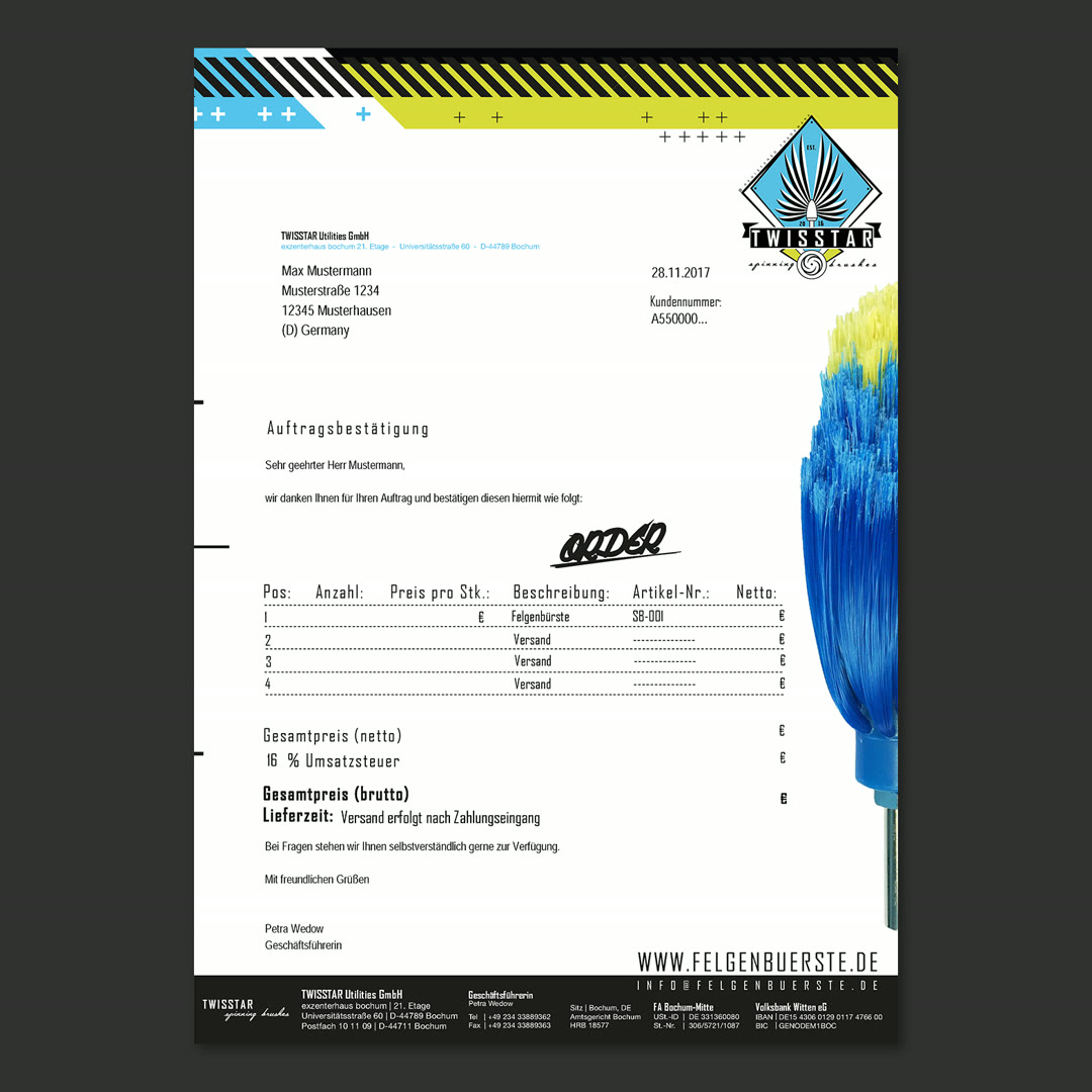 Letterhead — TWISSTAR Utilities GmbH order confirmation with stripe header and emblem.