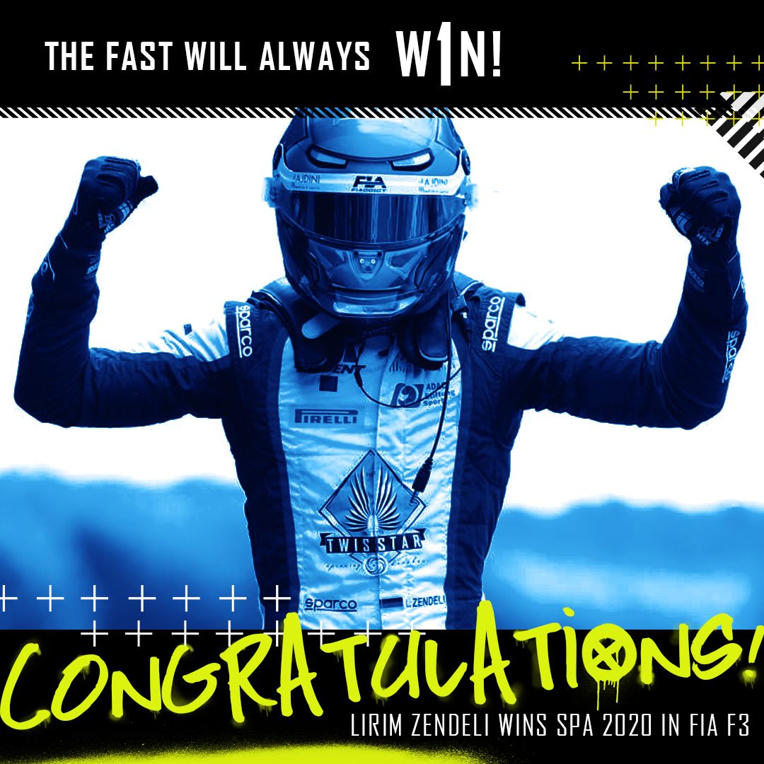 Social post — 'The fast will always win!' — Lirim Zendeli celebrating the race win, arms raised.