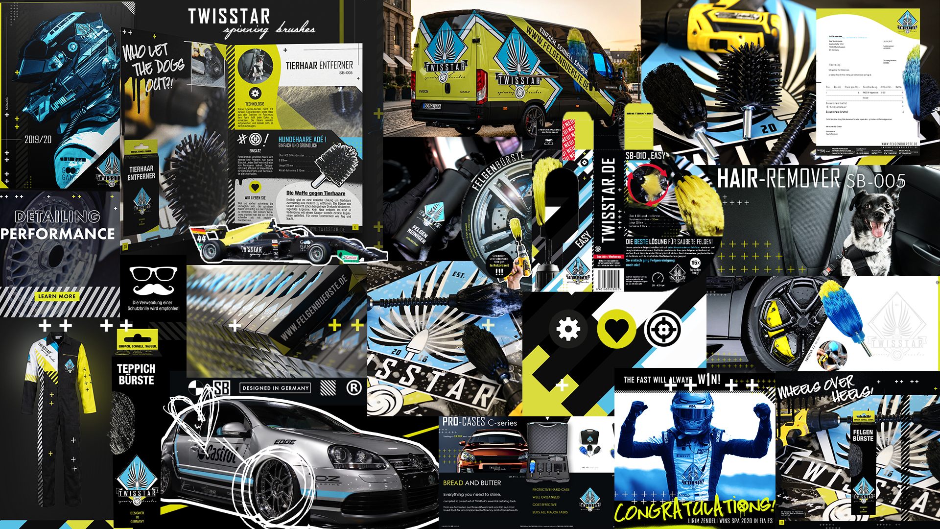 Year five — a dense collage of the TwistStar brand world: packaging, F3 livery, catalogue spreads, social tiles, transporter, workwear.