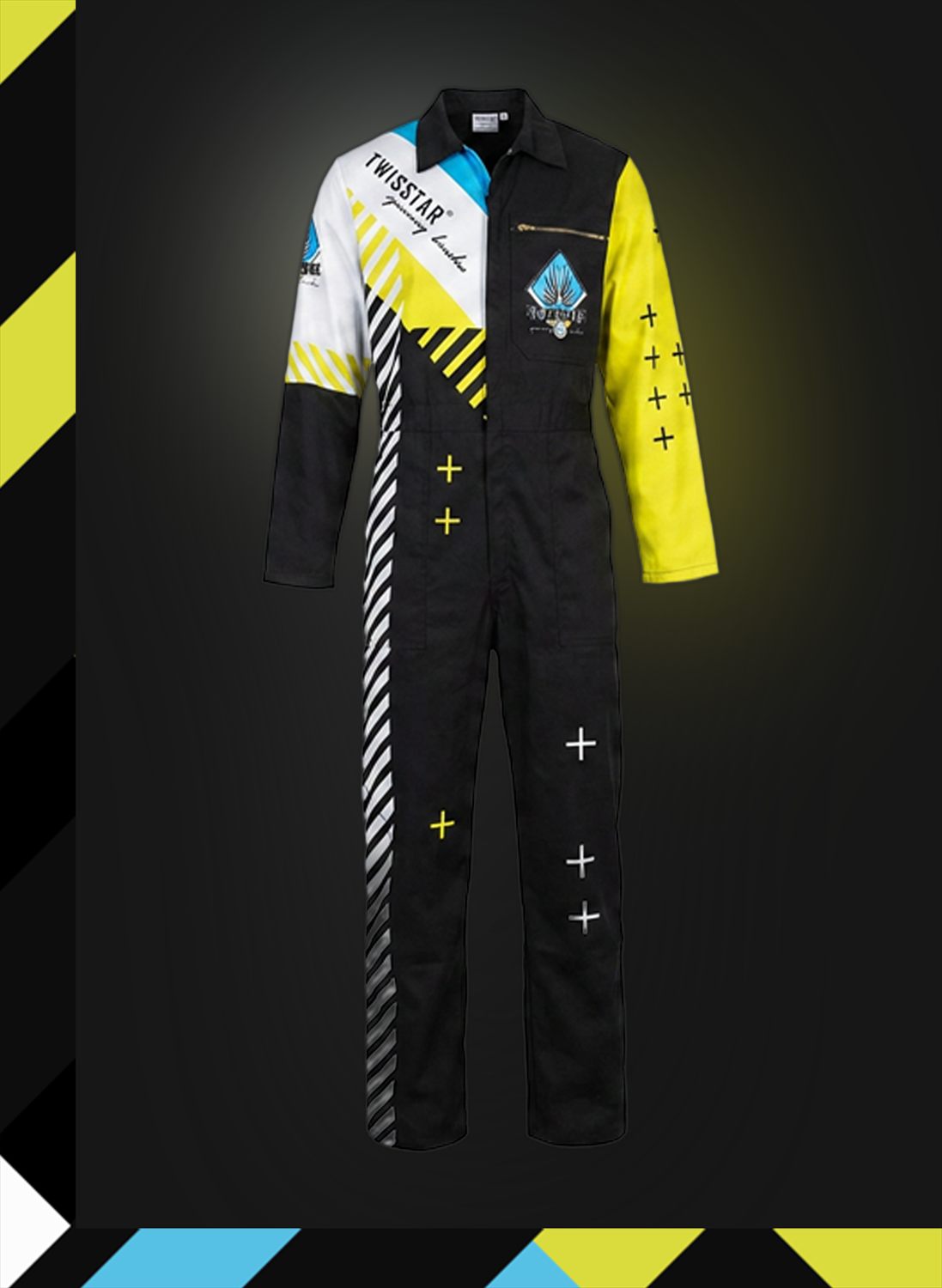 Team coverall — black with white stripe panel, lime sleeve, cyan collar, plus marks down the leg and the emblem on the chest.