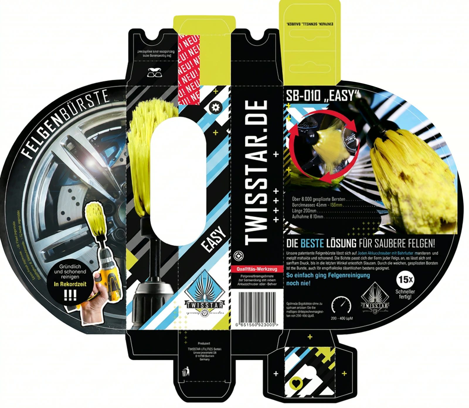 Flat die-line / print file for the SB-010 Easy blister pack — the full unfolded artwork with the oval cutout, fold and cut lines.