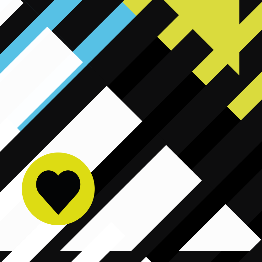 Brand pattern — 45-degree black, white, cyan and lime stripes with plus and heart marks.