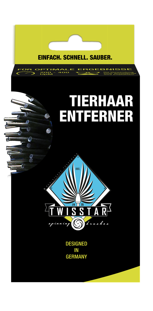 Hair Removal retail box — 'Tierhaar Entferner', bristle head showing through the cutout.