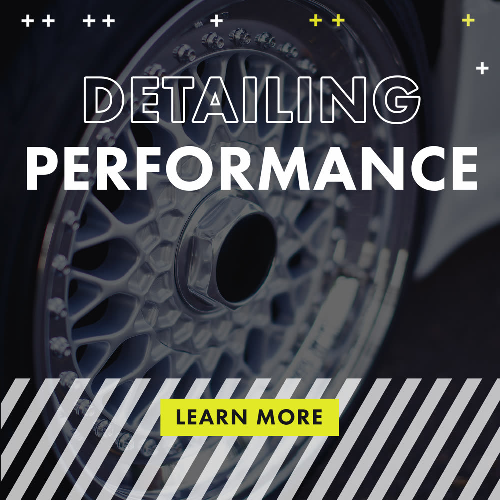 Storefront tile — 'Detailing Performance', wheel detail with a lime call-to-action.