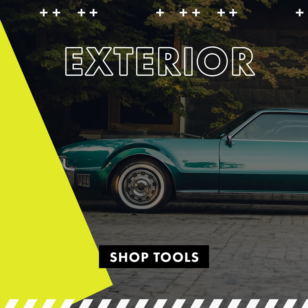 Storefront tile — vintage green coupé on a lime diagonal, 'Shop Tools' call-to-action.