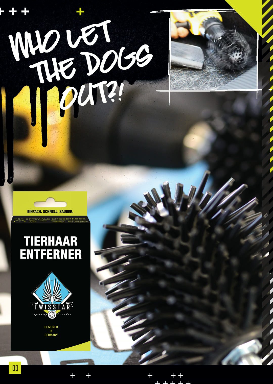 Catalogue page — 'WHO LET THE DOGS OUT?!' over the Tierhaar Entferner pet-hair brush and its pack.