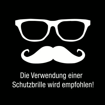 On-pack notice — a goggles-and-moustache pictogram made of brushes: 'Die Verwendung einer Schutzbrille wird empfohlen!'