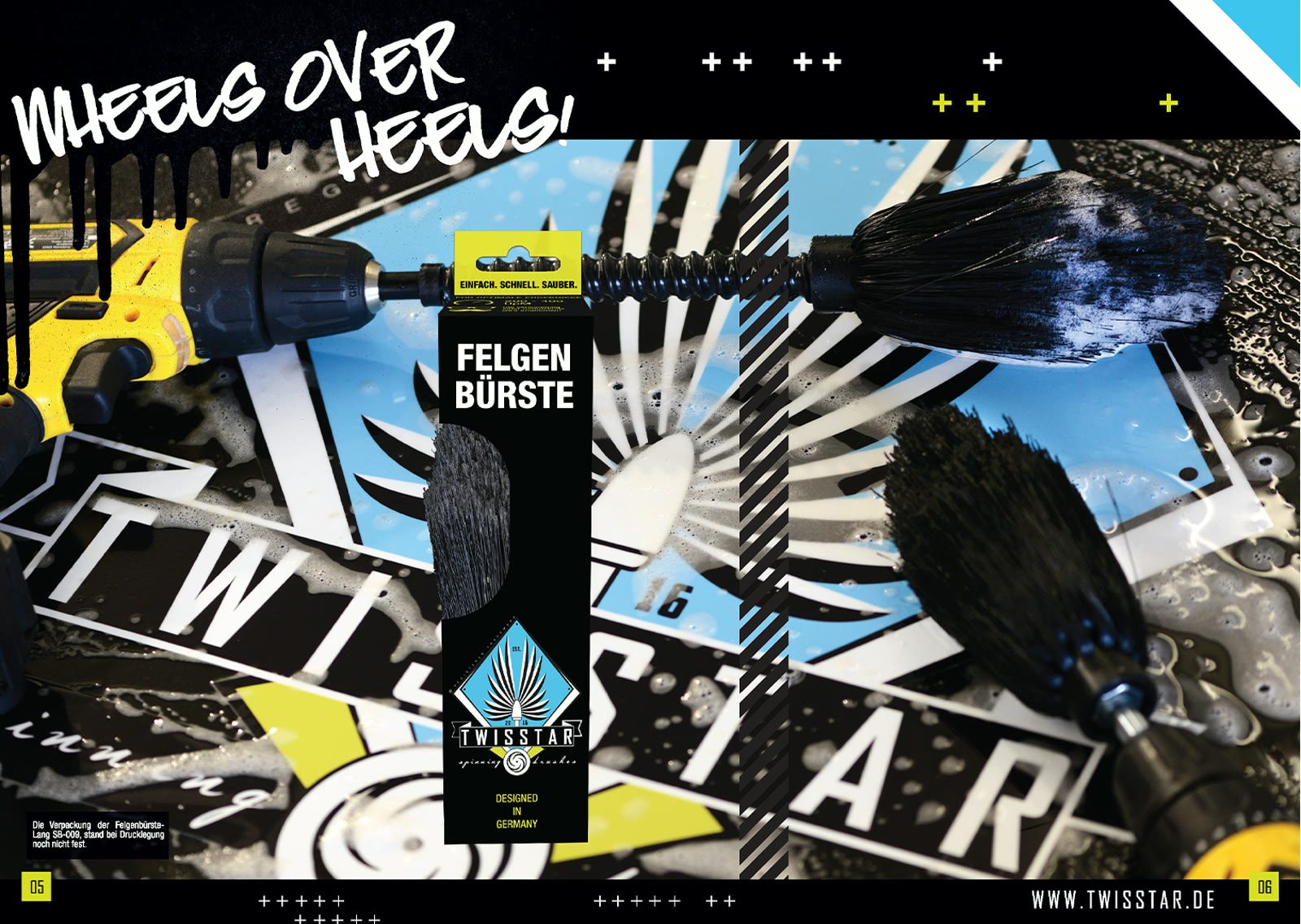 Catalogue 2019/20 two-page spread — 'WHEELS OVER HEELS!' in dripping spray script: yellow drill, rim-brush pack and the rim brush working a foamed wheel over a sticker-bomb collage.